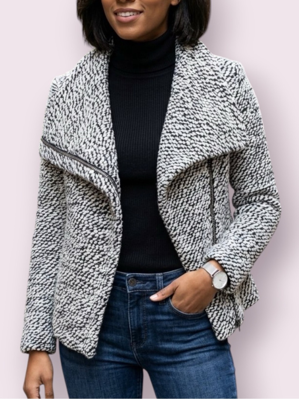 Blank NYC Friend Zone Boucle Knit Moto Jacket Black & White Size Small